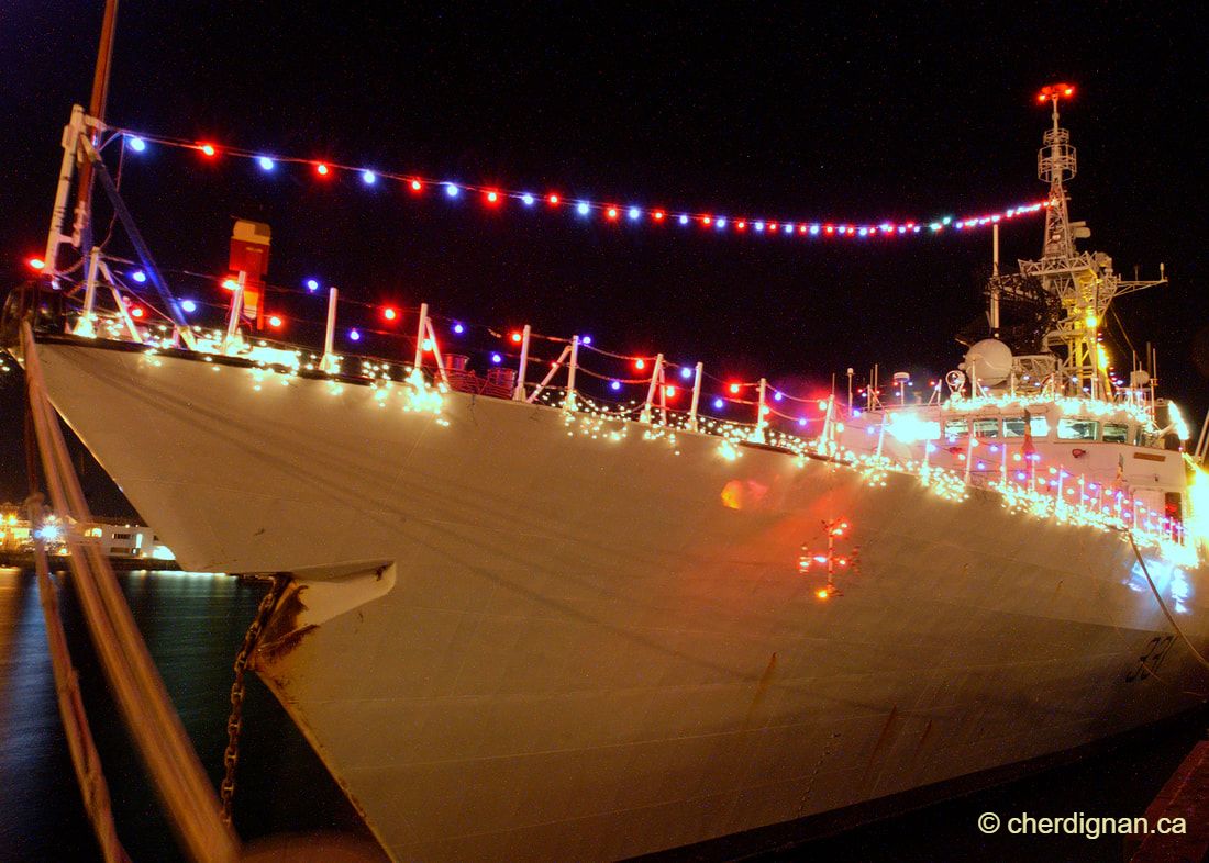 ship with Christmas lights